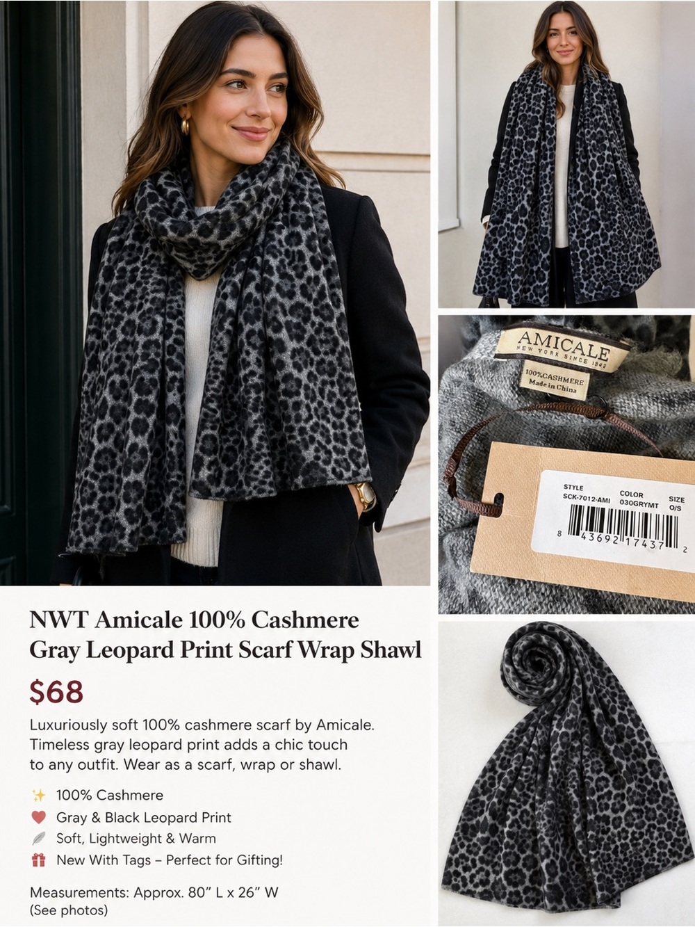 NWT Amicale 100% Cashmere Gray Leopard Print Scarf Wrap Shawl Luxury Soft - Picture 5 of 5